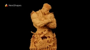 Half-body view of 3D printed fighter sculpture made with NextShapes High Resolution 8K Pro Red Ceramic Resin, showcasing high precision, sharp textures, and premium matte finish