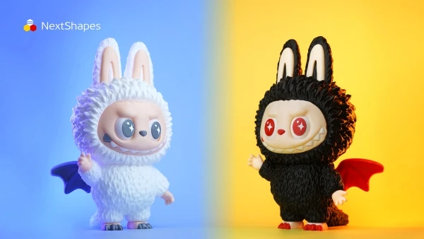 Display of 3D printed white Labubu figure made with NextShapes Standard PLA filament, showcasing zero warping, high dimensional accuracy, and smooth surface texture