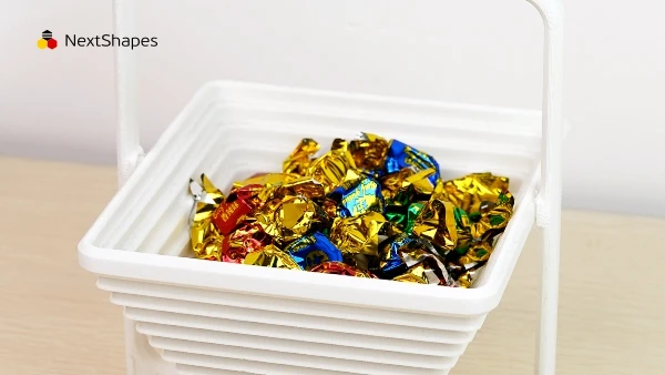 Display of 3D printed white storage basket made with NextShapes Standard PLA filament, showcasing excellent compatibility, stable printing, and consistent color reproduction