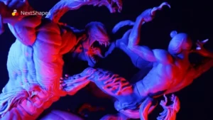 Panoramic view of 3D printed Spider-Man vs Venom battle scene made with NextShapes Standard Pro Rigid Resin, showcasing balanced mechanical properties, superior detail resolution, and durable performance