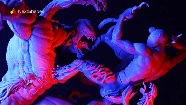 Panoramic view of 3D printed Spider-Man vs Venom battle scene made with NextShapes Standard Pro Rigid Resin, showcasing balanced mechanical properties, superior detail resolution, and durable performance