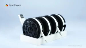 Multi-set view of 3D printed Oreo-shaped data cable storage boxes made with NextShapes Standard PLA filament, demonstrating functional cable management, precise dimensional accuracy, and durable smooth-opening design