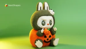 Full view of 3D printed Labubu pumpkin figure made with NextShapes Standard PLA filament, highlighting zero clogging, high dimensional accuracy, and eco-friendly biodegradable material
