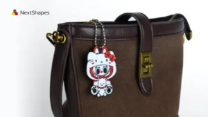 Bag display of 3D printed Labubu collaboration charm made with NextShapes Standard PLA filament, highlighting clog-free long printing, consistent quality, and charming decorative effect
