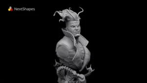 Close-up of 3D printed game character head details made with NextShapes Standard Pro Rigid Resin, showcasing high precision, glass-smooth surface finish, and intricate facial features