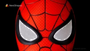 Full view of 3D printed Spider-Man mask made with NextShapes Standard PLA filament, highlighting high dimensional accuracy, clog-free high-speed printing, and eco-friendly biodegradable material