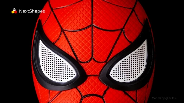Full view of 3D printed Spider-Man mask made with NextShapes Standard PLA filament, highlighting high dimensional accuracy, clog-free high-speed printing, and eco-friendly biodegradable material