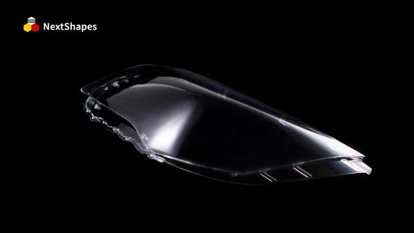 Display of 3D printed transparent mold finished part made with NextShapes 8001 Clear Resin, showcasing 90.8% light transmittance, crystal-clear appearance, and ±0.2mm dimensional accuracy
