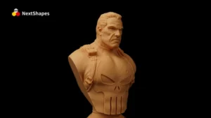Full view of 3D printed Punisher-style bust made with NextShapes High Resolution 8K Pro Red Ceramic Resin, showcasing exceptional detail reproduction, low shrinkage, and stable dimensional accuracy