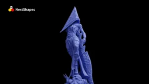 Full view of 3D printed Pyramid Head-style character sculpture made with NextShapes Standard Pro Rigid Resin, showcasing precise body proportion replication, well-defined muscle contours, and crisp clothing textures