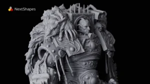 Full view of 3D printed fantasy warrior statue made with NextShapes Standard Pro Rigid Resin, showcasing smooth surface finish, vivid facial expressions, and lifelike clothing and accessory details