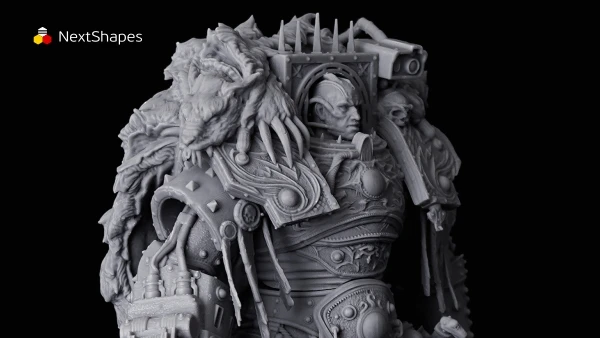 Full view of 3D printed fantasy warrior statue made with NextShapes Standard Pro Rigid Resin, showcasing smooth surface finish, vivid facial expressions, and lifelike clothing and accessory details