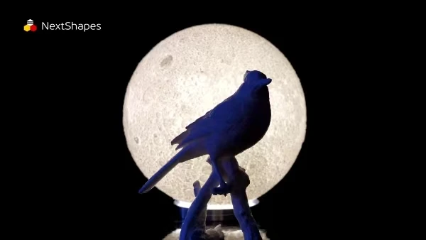 Scene display of 3D printed blue bird under the moon made with NextShapes Standard PLA filament, showcasing ease of use, consistent color, and warp-free printing results