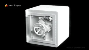 Display of 3D printed safe model with internal gold ingots made with NextShapes Standard PLA filament, showcasing near-zero warpage, smooth surface finish, and easy support removal
