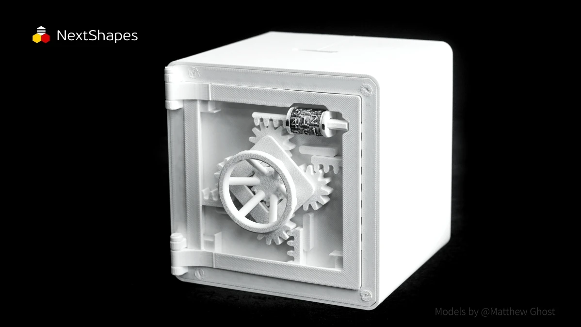 Display of 3D printed safe model with internal gold ingots made with NextShapes Standard PLA filament, showcasing near-zero warpage, smooth surface finish, and easy support removal
