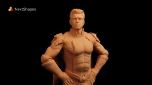 Full view of 3D printed muscle warrior statue made with NextShapes High Resolution 12K Pro Red Ceramic Resin, showcasing premium matte finish, crisp detail reproduction, and excellent strength