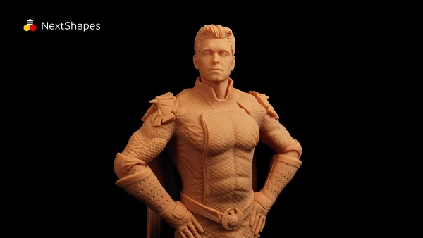 Full view of 3D printed muscle warrior statue made with NextShapes High Resolution 12K Pro Red Ceramic Resin, showcasing premium matte finish, crisp detail reproduction, and excellent strength