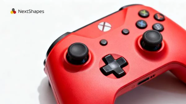 Close-up of a 3D printed red game controller prototype made with NextShapes Standard Pro resin, showcasing precise button details, smooth surface finish, and high-fidelity replication of ergonomic design