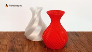 Display of 3D printed dual-color twisted vase set made with NextShapes PETG filament, showcasing smooth surface finish, strong layer adhesion, and vibrant color consistency