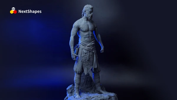 Bust view of 3D printed God of War Baldur figure made with NextShapes Rigid Pro resin, showcasing precise tattoo details, matte texture, and high-fidelity character replication