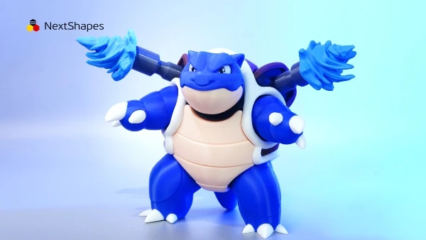 Close-up of 3D printed Blastoise (Pokemon) figure made with NextShapes Standard PLA filament, showcasing vibrant blue-white color scheme, fine textures, and precise dimensional details