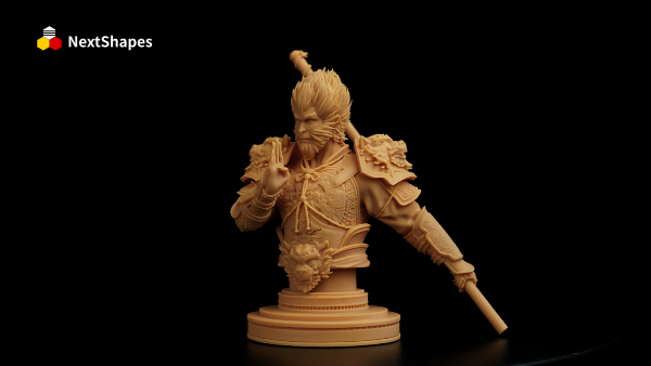 Front view of the highly detailed Wukong bust 3D printed with NextShapes 8K Pro Red Wax Resin, showcasing crisp facial and armor details with minimal post-processing.