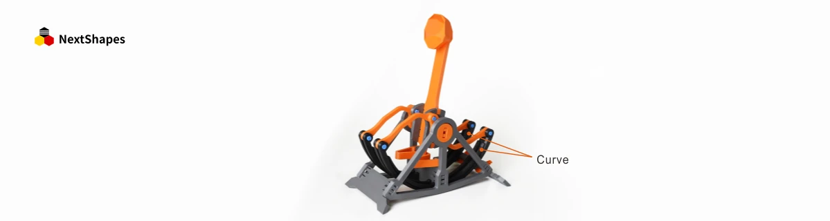 Close-up of the 3D printed leaf spring catapult, showcasing the durable, repeatedly bendable curved parts printed with NextShapes Standard PLA filament.