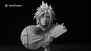 Side-by-side view of Cloud Strife bust showing smooth vs. textured surface, highlighting NextShapes Standard Pro Resin’s low layer lines and high precision