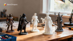 Painted and unpainted 3D printed fantasy warrior and wizard figures made with NextShapes Standard Pro Resin, arranged on a modeler’s workbench