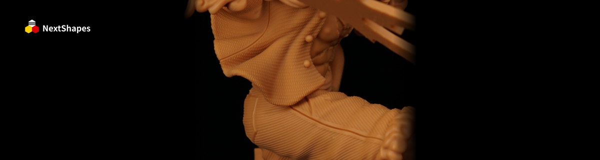 Close-up shot of the Luffy 3D print, highlighting the fine fabric texture and precise details reproduced by NextShapes 12K Pro high resolution resin.