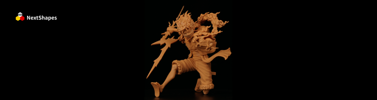 Full view of the 3D printed One Piece Luffy model, created with NextShapes 12K Pro resin, showcasing the dynamic pose and detailed textures of the Sun God Nika form against a black background.