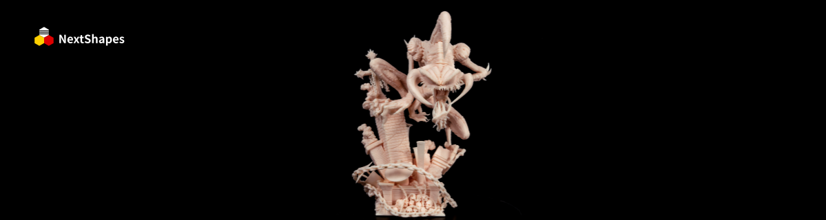 Assembled full 3D printed demon model created with NextShapes Standard Pro 3D printing resin, highlighting precise dimensions and no post-processing needed.
