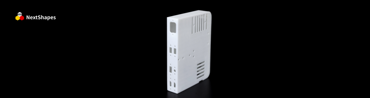 Assembled audio equipment prototype printed with NextShapes 8111X 3D resin, demonstrating 60°C heat resistance, high hardness, and fast-drying surface finish.