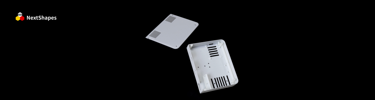NextShapes 8111X white 3D printing resin prototype parts for audio equipment, showing clean, high-precision 3D prints with smooth surfaces.