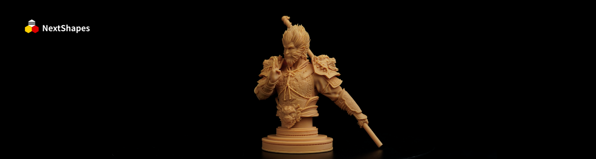 Front view of the highly detailed Wukong bust 3D printed with NextShapes 8K Pro Red Wax Resin, showcasing crisp facial and armor details with minimal post-processing.