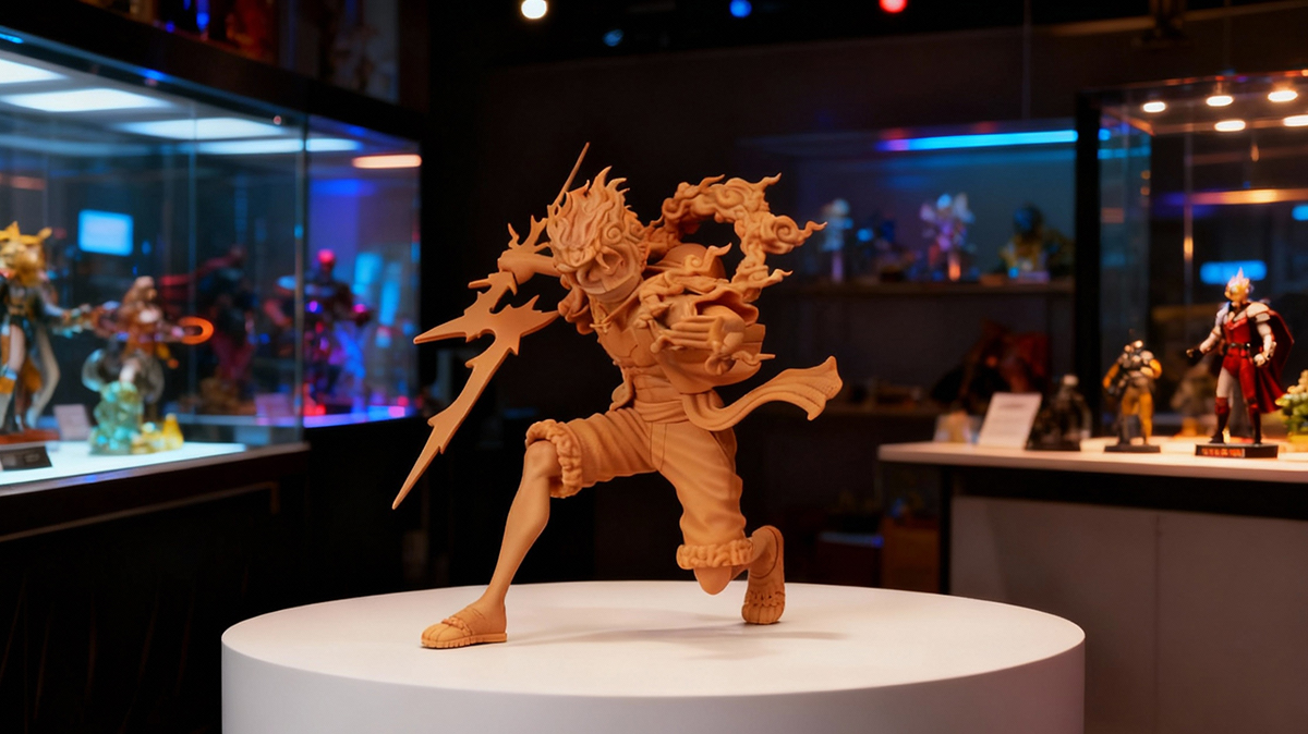 3D printed anime figurine made with NextShapes 8K Pro Resin, displayed in a figurine collection showroom to highlight crisp details and surface finish