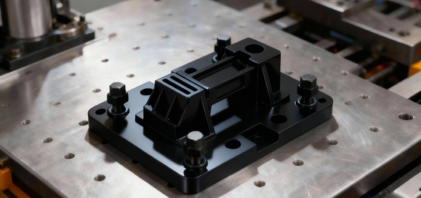 Black 3D printed industrial fixture mounted on a workholding plate, demonstrating NextShapes ABS60 resin’s fit accuracy and structural rigidity for assembly testing