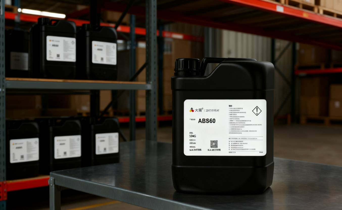 NextShapes ABS60 Engineering Resin container in a warehouse setting, showing the industrial-grade material used for SLA 3D printing functional parts