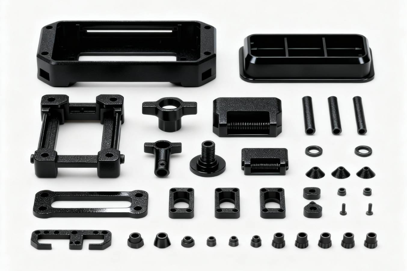 Assortment of black functional 3D printed mechanical parts, housings, and fasteners made with NextShapes ABS60 Engineering Resin, showing precision and toughness