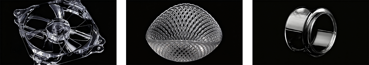 3D printed transparent parts (mechanical component, lattice bowl, ring) made with Precision Clear Resin, showing versatility for functional and aesthetic prototyping