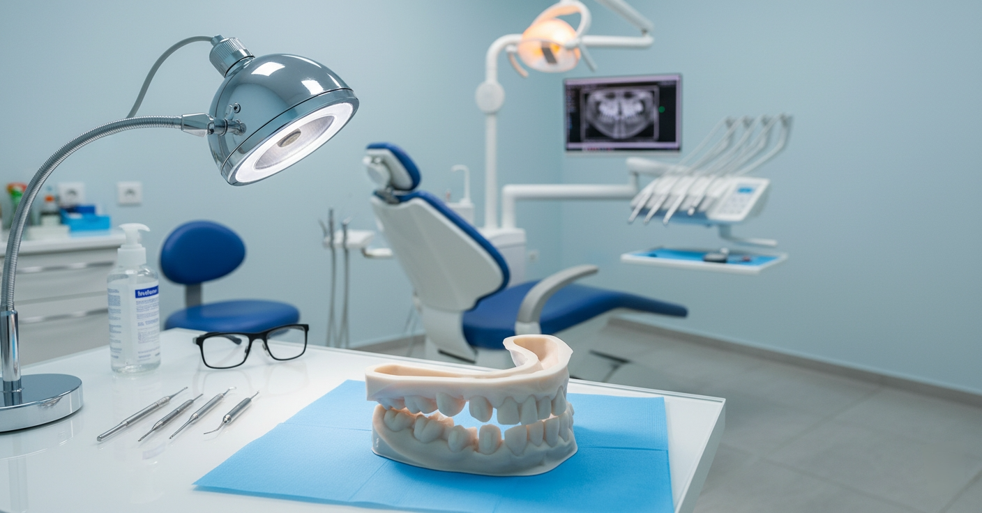 3D printed dental model made with NextShapes DM600 resin on a dental clinic table, ready for clinical analysis and treatment planning
