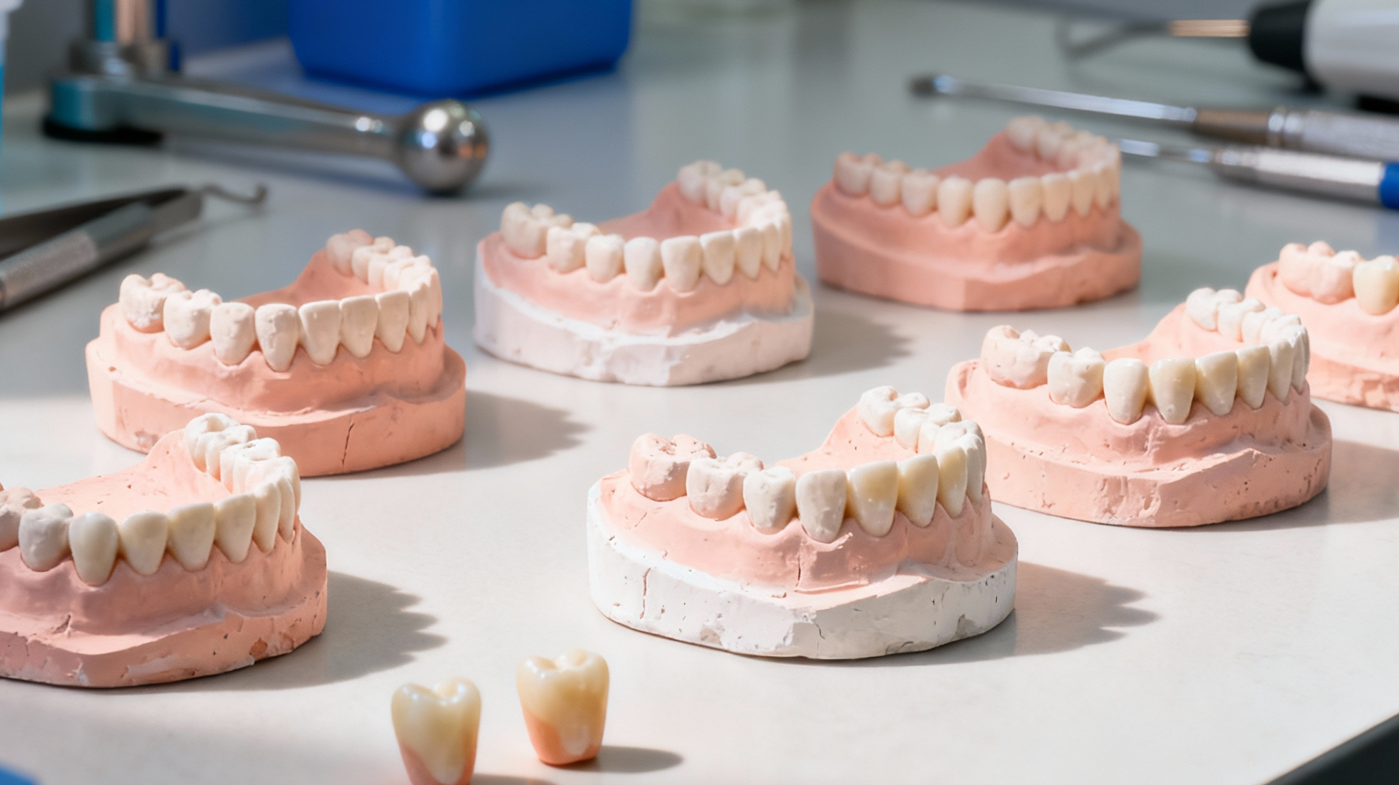 Multiple 3D printed dental models in different shades, showcasing NextShapes DM600 resin’s precision for crowns, bridges, and restorative dentistry