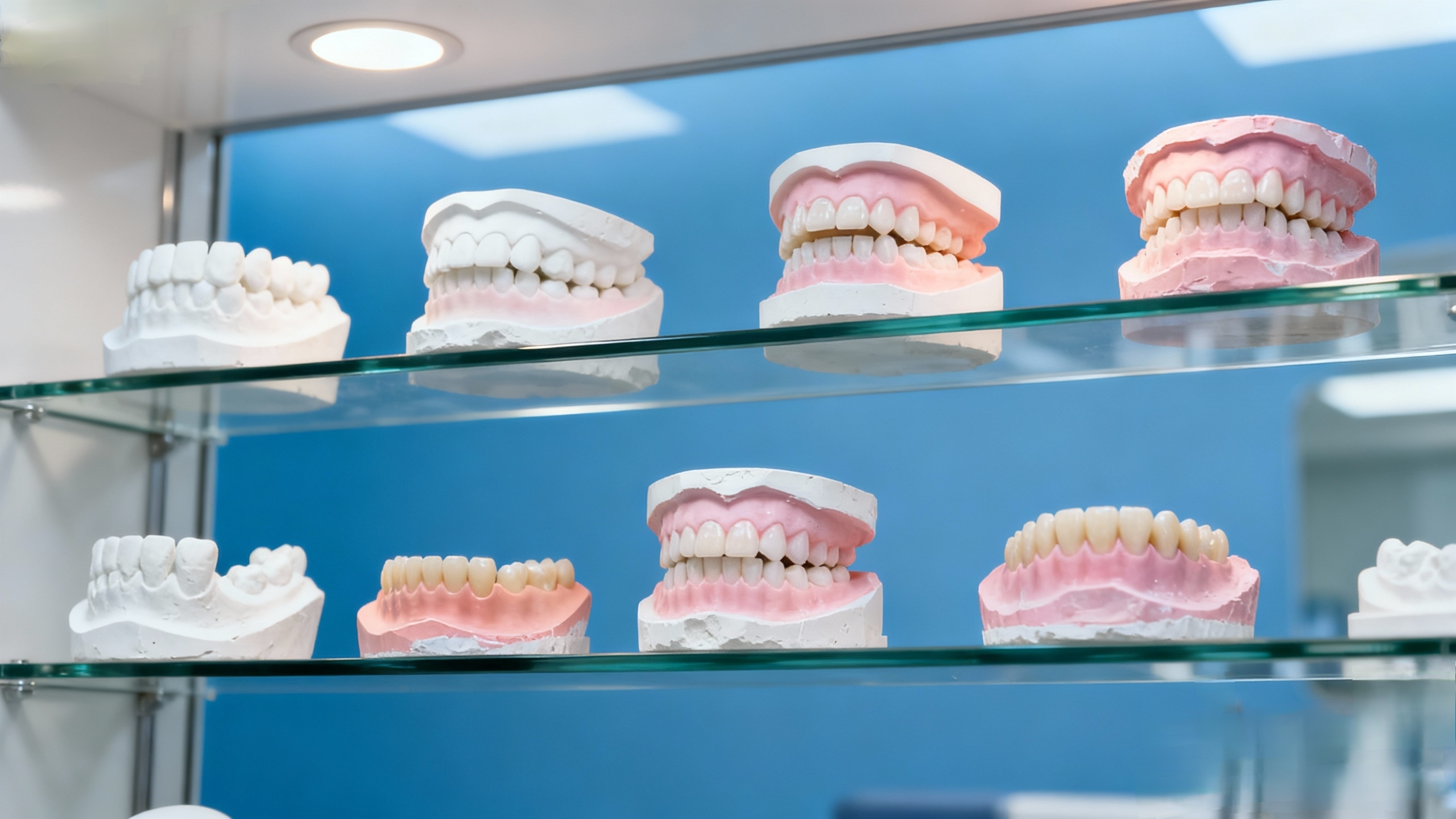 Collection of detailed 3D printed dental models on a glass shelf, demonstrating NextShapes DM600 resin’s use in dental education and clinical training