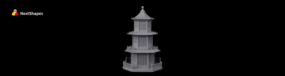 Front view of a multi-tiered pagoda model, 3D printed with NextShapes High Speed Resin, showcasing crisp architectural details and clean finish against a black background.