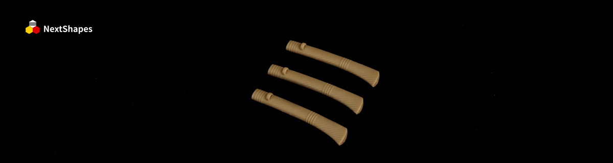 Top view of three identical hilt prototypes 3D printed with NextShapes M2300 shoe mold & head sculpt resin, showcasing uniform detail and dimensional accuracy against a black background.