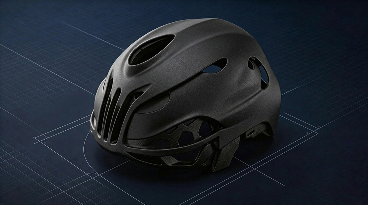 3D printed cycling helmet prototype made with NextShapes PLA CF filament, demonstrating high stiffness and matte finish for outdoor sports equipment