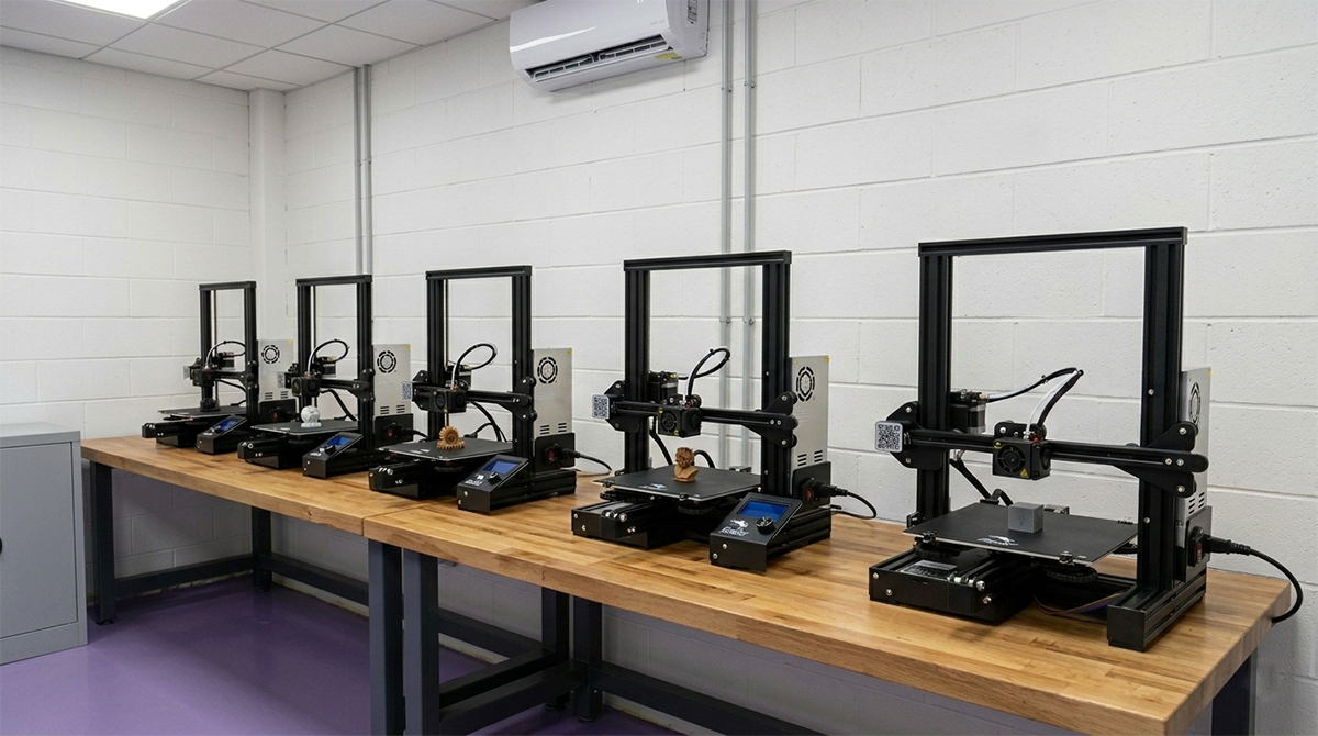 Row of FDM 3D printers in a workshop, used to produce outdoor equipment parts with NextShapes PLA CF filament for rapid prototyping and iteration