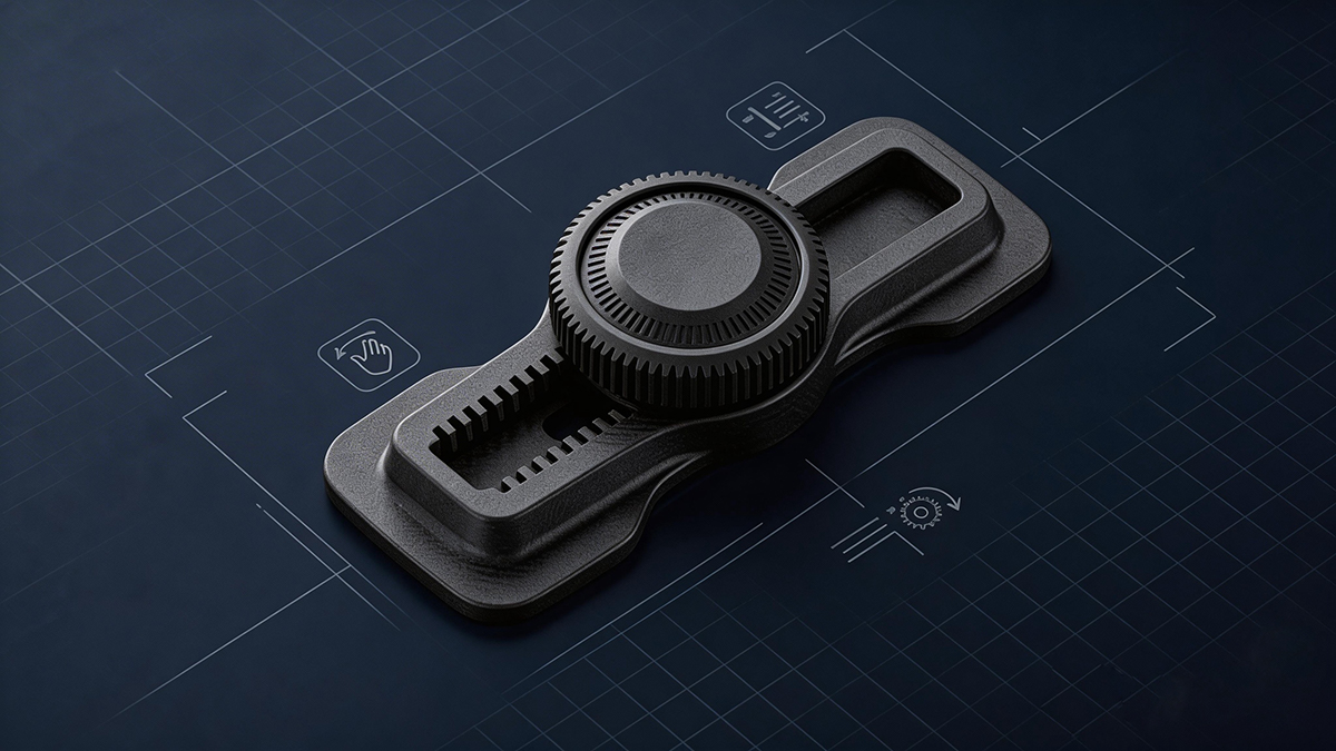 Close-up of 3D printed helmet adjustment dial and mounting base made with NextShapes PLA CF filament, highlighting precision fit and rotational stress resistance