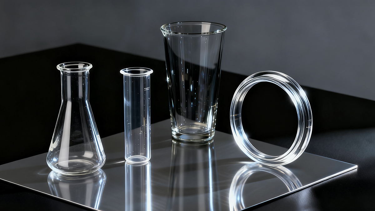 3D printed labware (flask, cylinder, cup, ring) made with NextShapes Precision Clear Resin, showcasing glass-like transparency and smooth surface finish