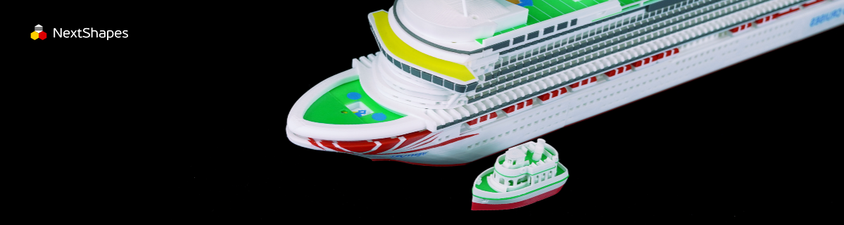 Front view of a detailed cruise ship model and a smaller tugboat model, both 3D printed with NextShapes Standard PLA filament, showcasing vibrant colors and precise construction against a black background.